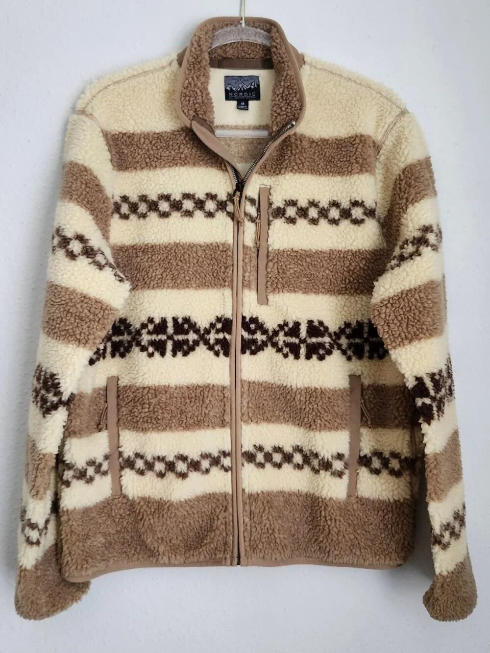 J.CREW Nordic Fair-Isle Sherpa Fleece Full-Zip Brown/Cream Striped Jacket M